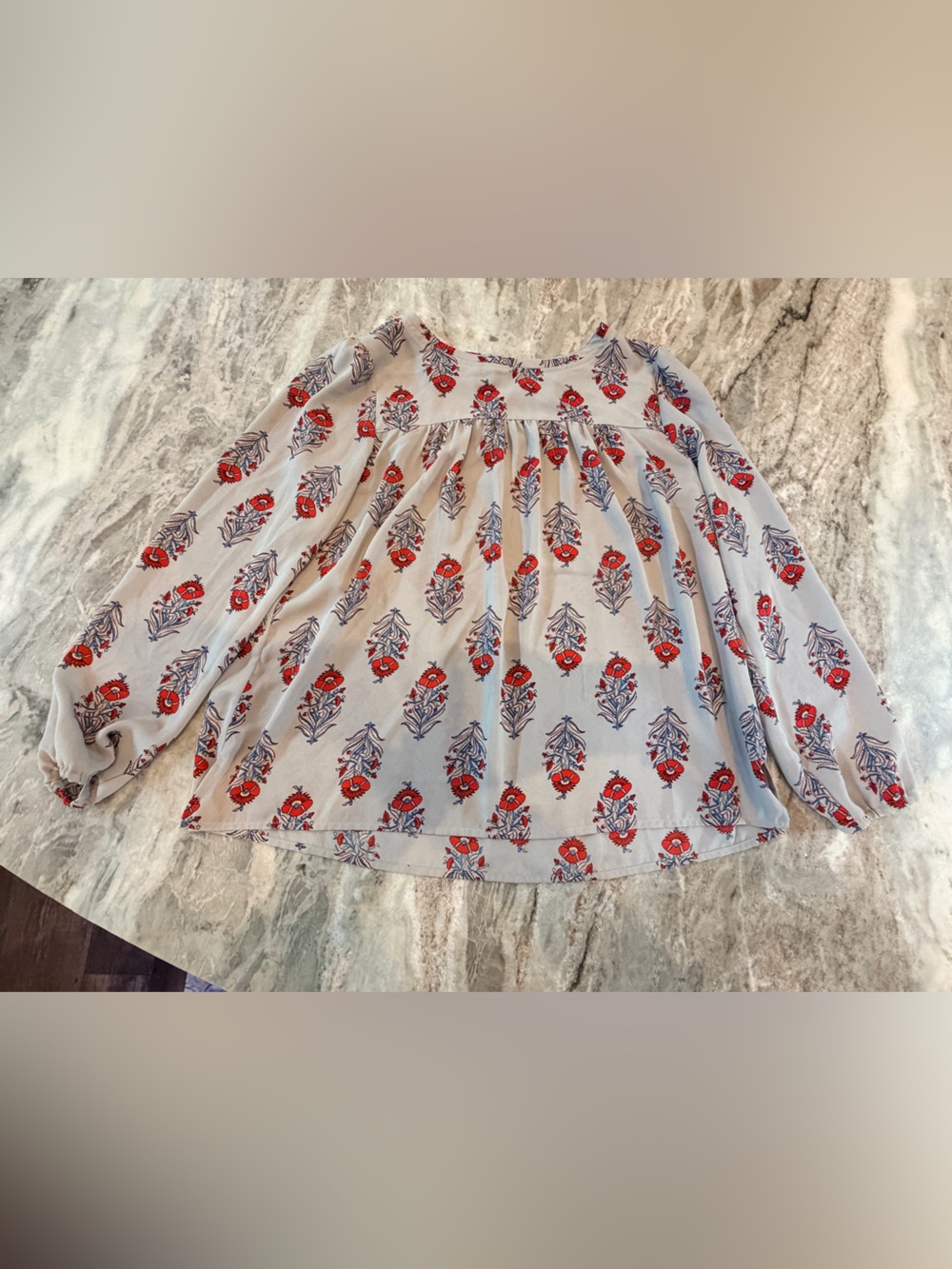 LOFT Outlet Petite Medium Blue Floral Peasant Blouse Boho Long Sleeve Top